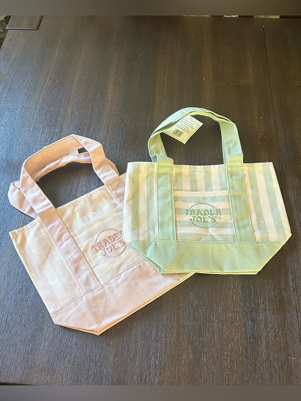 2 Trader Joes Striped Mini Canvas Bags Pink And mint green